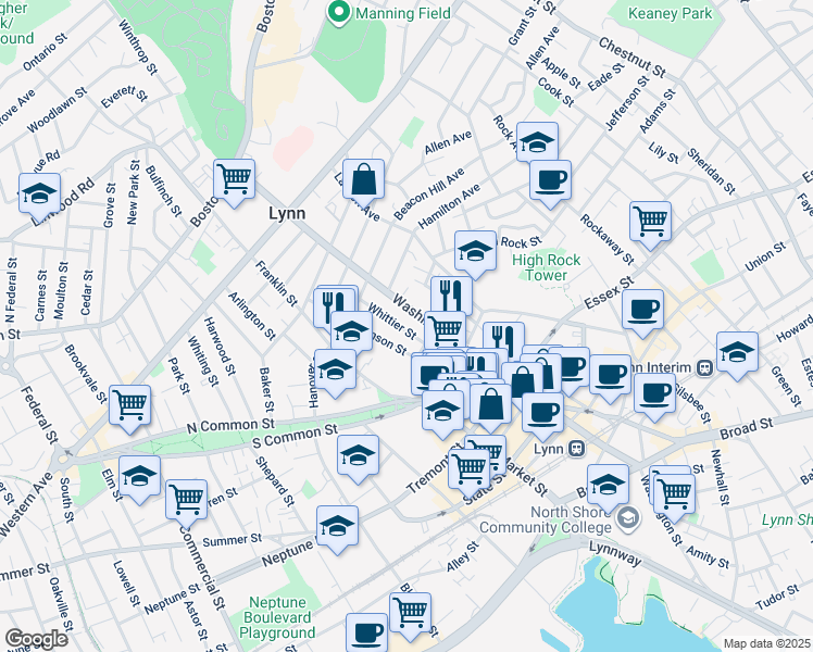map of restaurants, bars, coffee shops, grocery stores, and more near 197 Washington Street in Lynn