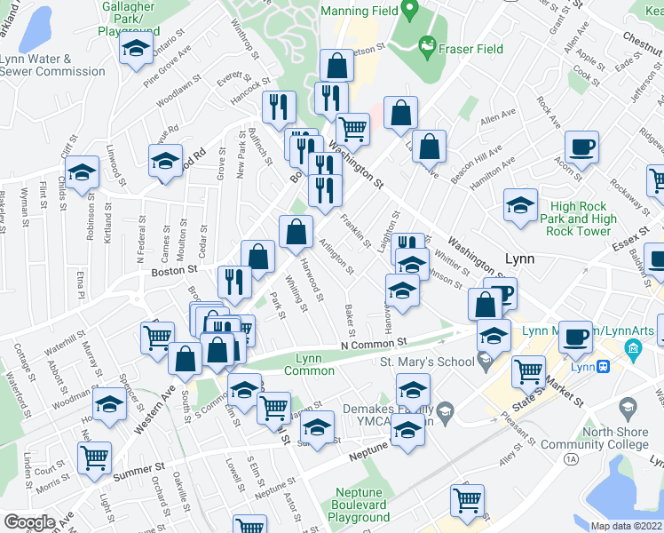 map of restaurants, bars, coffee shops, grocery stores, and more near 32 Brimblecom Street in Lynn