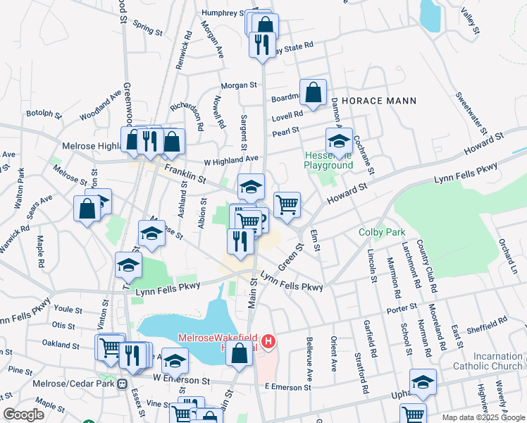 map of restaurants, bars, coffee shops, grocery stores, and more near 204 Green Street in Melrose