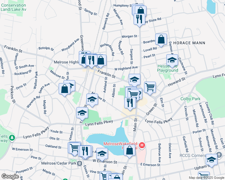 map of restaurants, bars, coffee shops, grocery stores, and more near 42-44 Albion Street in Melrose
