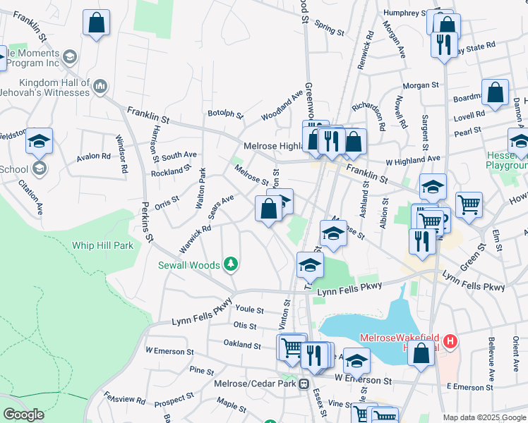 map of restaurants, bars, coffee shops, grocery stores, and more near 4 Orris Street in Melrose