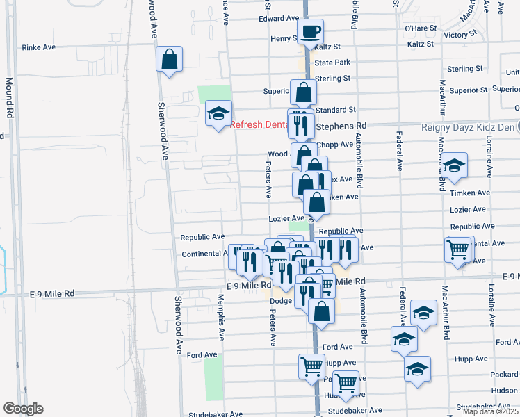 map of restaurants, bars, coffee shops, grocery stores, and more near 23437 Peters Avenue in Warren