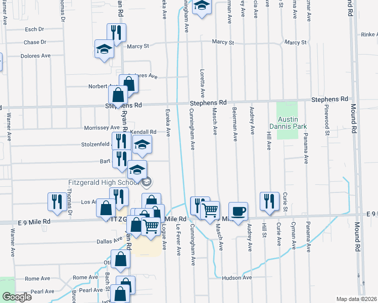 map of restaurants, bars, coffee shops, grocery stores, and more near in Warren