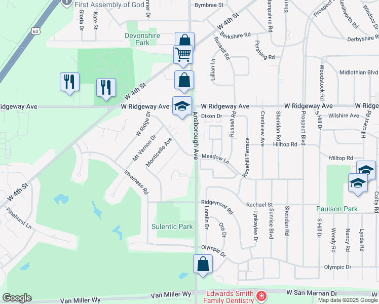 map of restaurants, bars, coffee shops, grocery stores, and more near 1225 Meadow Lane in Waterloo