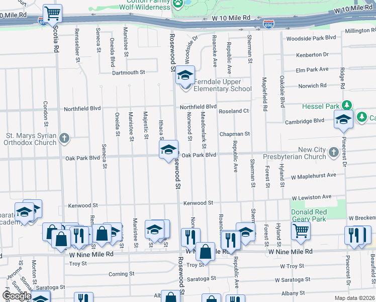 map of restaurants, bars, coffee shops, grocery stores, and more near 8900 Oak Park Boulevard in Oak Park