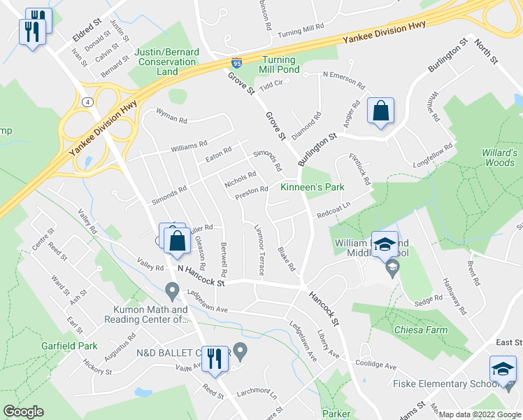 map of restaurants, bars, coffee shops, grocery stores, and more near 66 Blake Road in Lexington