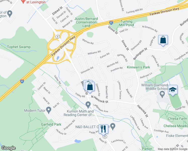 map of restaurants, bars, coffee shops, grocery stores, and more near 57 Gleason Road in Lexington