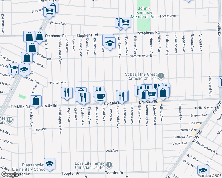 map of restaurants, bars, coffee shops, grocery stores, and more near 22803 Saxony Avenue in Eastpointe