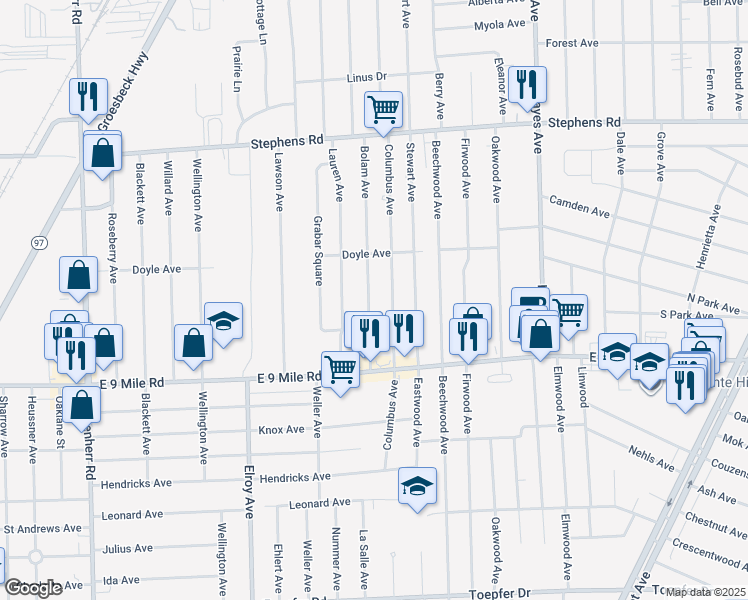 map of restaurants, bars, coffee shops, grocery stores, and more near 23156 Bolam Avenue in Warren