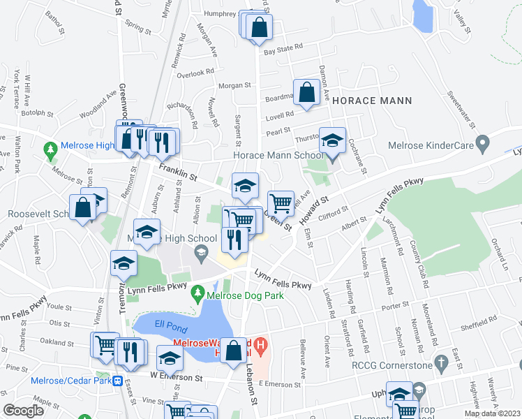 map of restaurants, bars, coffee shops, grocery stores, and more near 204 Green Street in Melrose
