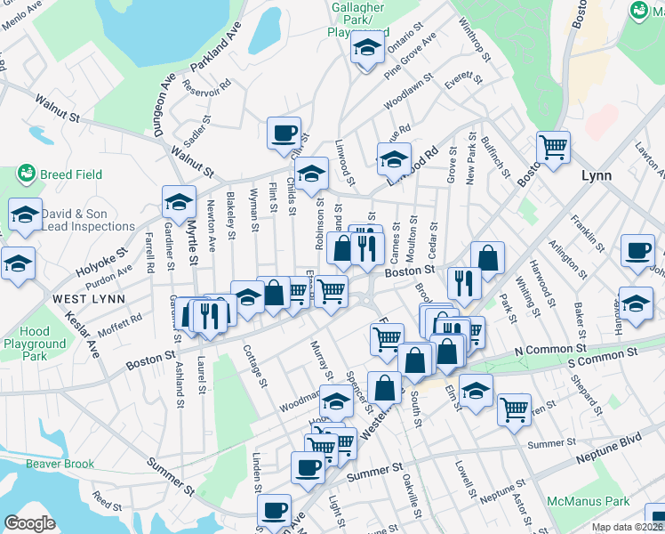 map of restaurants, bars, coffee shops, grocery stores, and more near 30 Kirtland Street in Lynn