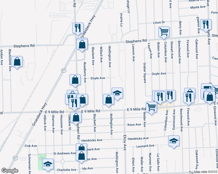 map of restaurants, bars, coffee shops, grocery stores, and more near 23277 Wellington Avenue in Warren
