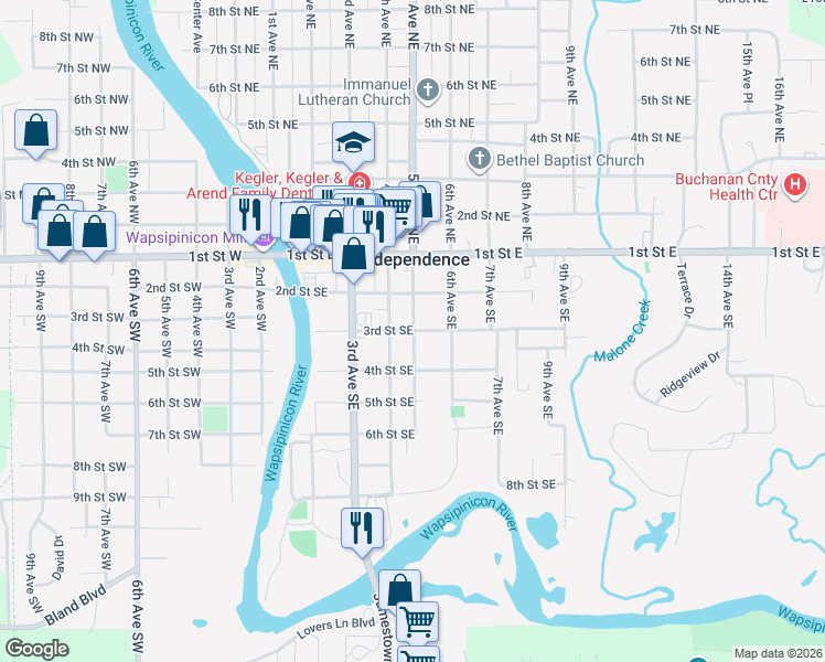 map of restaurants, bars, coffee shops, grocery stores, and more near 499 3rd Street Southeast in Independence