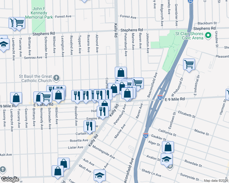 map of restaurants, bars, coffee shops, grocery stores, and more near 22755 Kelly Road in Eastpointe