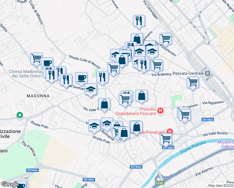 map of restaurants, bars, coffee shops, grocery stores, and more near Via Monte Secine in Pescara