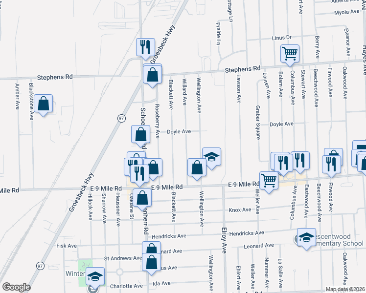 map of restaurants, bars, coffee shops, grocery stores, and more near 23307 Willard Avenue in Warren