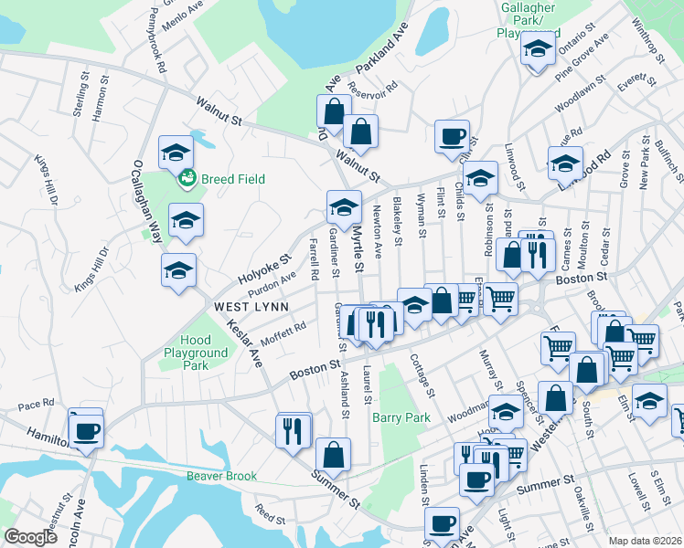 map of restaurants, bars, coffee shops, grocery stores, and more near 79 Gardiner Street in Lynn