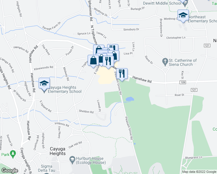 map of restaurants, bars, coffee shops, grocery stores, and more near 186 1/2 Pleasant Grove Road in Ithaca