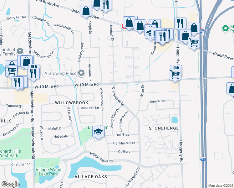 map of restaurants, bars, coffee shops, grocery stores, and more near 24100 Cranbrooke Drive in Novi