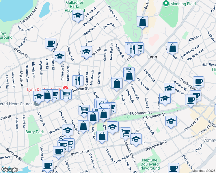 map of restaurants, bars, coffee shops, grocery stores, and more near 344 Barrett Court in Lynn