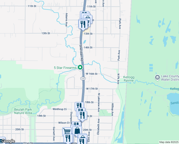 map of restaurants, bars, coffee shops, grocery stores, and more near 41651 North Kellogg Court in Winthrop Harbor