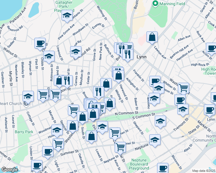 map of restaurants, bars, coffee shops, grocery stores, and more near 81 Park Street in Lynn