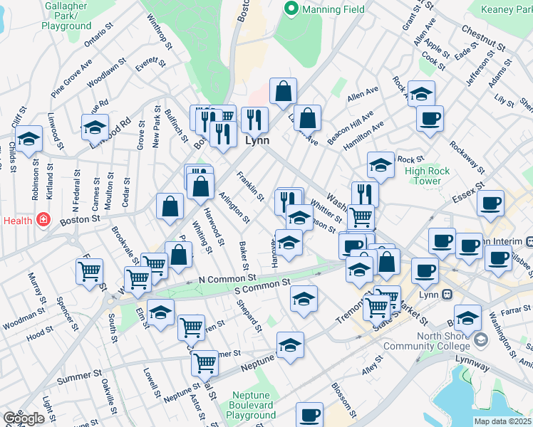 map of restaurants, bars, coffee shops, grocery stores, and more near 84 Franklin Street in Lynn