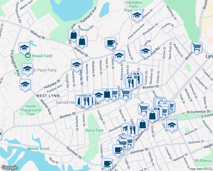 map of restaurants, bars, coffee shops, grocery stores, and more near 58 Flint Street in Lynn