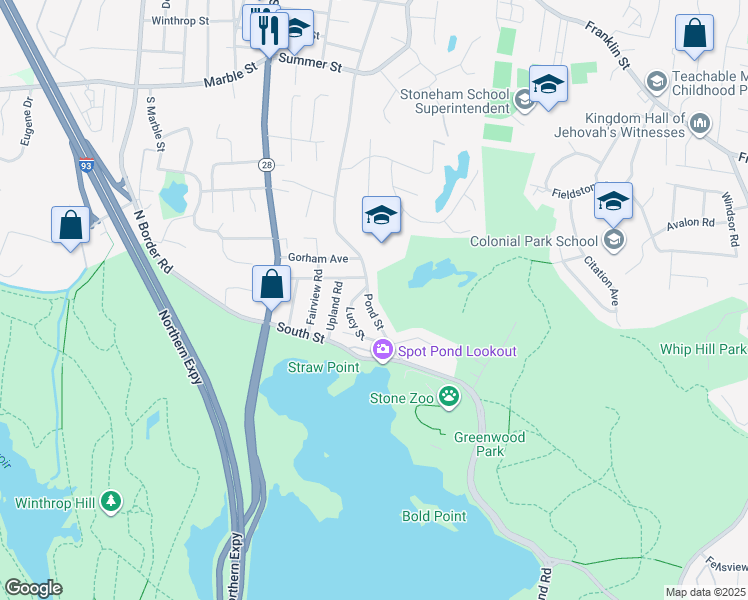 map of restaurants, bars, coffee shops, grocery stores, and more near 117 Pond Street in Stoneham
