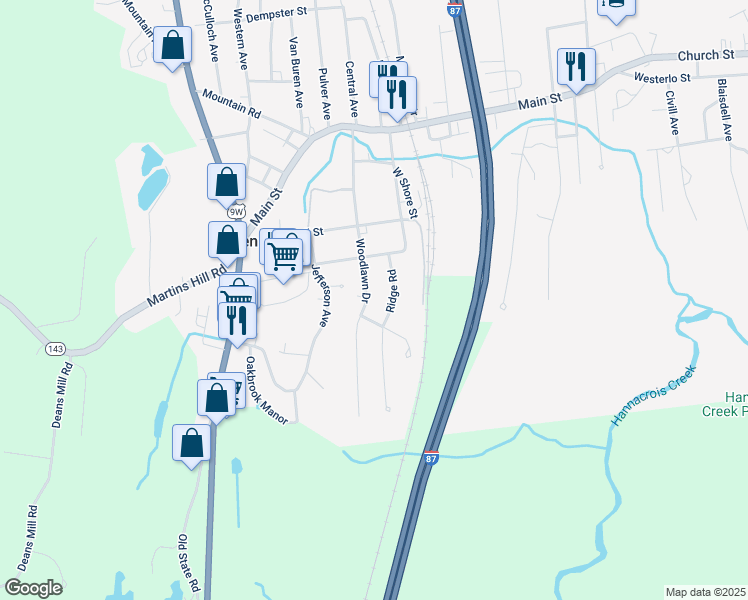 map of restaurants, bars, coffee shops, grocery stores, and more near 62 Woodlawn Drive in Ravena