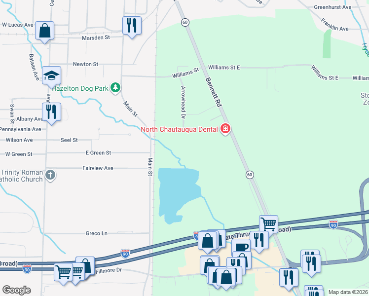 map of restaurants, bars, coffee shops, grocery stores, and more near 10749 Bennett Road in Dunkirk
