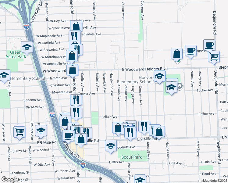 map of restaurants, bars, coffee shops, grocery stores, and more near 23704 Hazelwood Avenue in Hazel Park