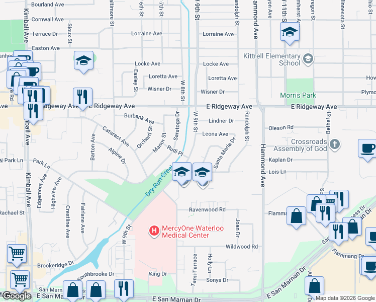 map of restaurants, bars, coffee shops, grocery stores, and more near 3040 West 9th Street in Waterloo