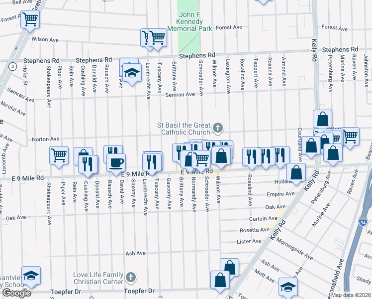 map of restaurants, bars, coffee shops, grocery stores, and more near 22797 Normandy Avenue in Eastpointe