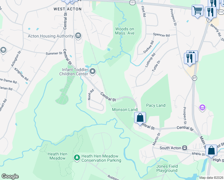 map of restaurants, bars, coffee shops, grocery stores, and more near 117 Central Street in Acton