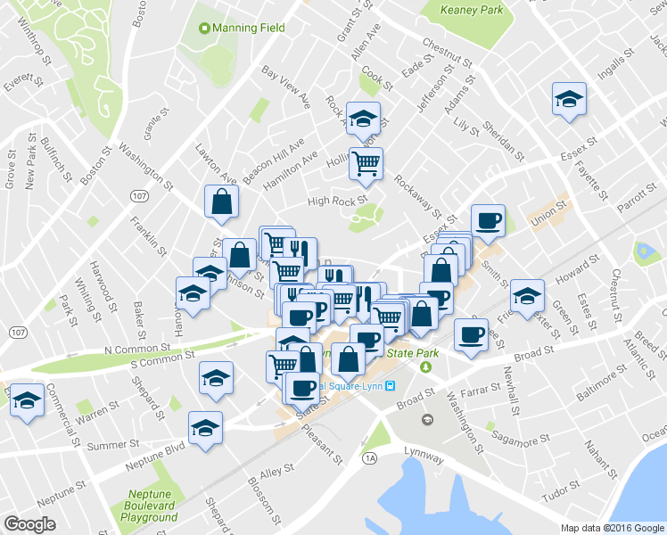 map of restaurants, bars, coffee shops, grocery stores, and more near 9A James Street in Lynn