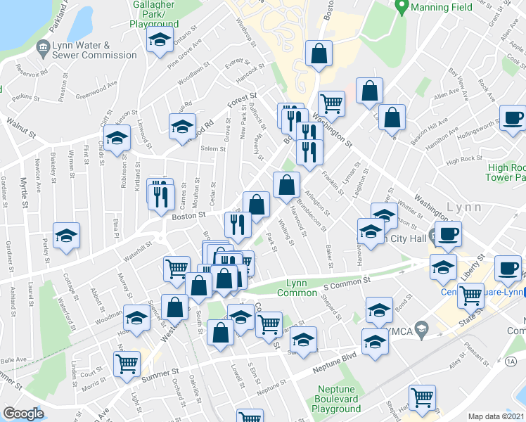 map of restaurants, bars, coffee shops, grocery stores, and more near 81 Park Street in Lynn