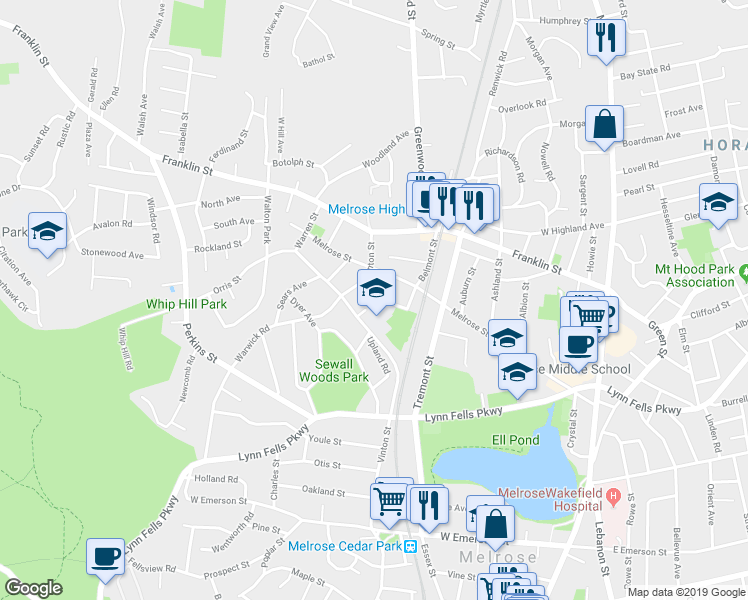 map of restaurants, bars, coffee shops, grocery stores, and more near 44 Brunswick Park in Melrose