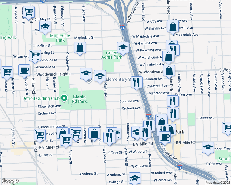 map of restaurants, bars, coffee shops, grocery stores, and more near 2231 Manatee in Ferndale