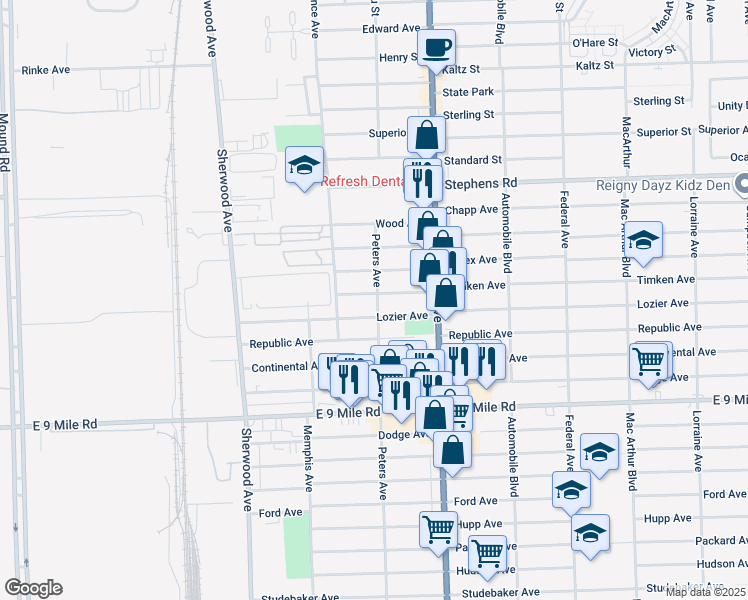 map of restaurants, bars, coffee shops, grocery stores, and more near 23437 Peters Avenue in Warren