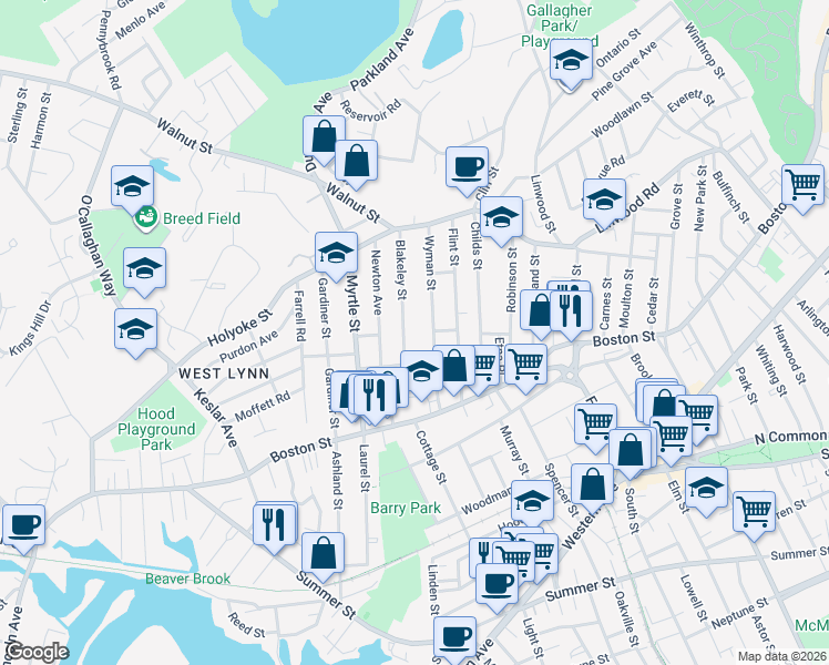 map of restaurants, bars, coffee shops, grocery stores, and more near 23 Blakeley Street in Lynn