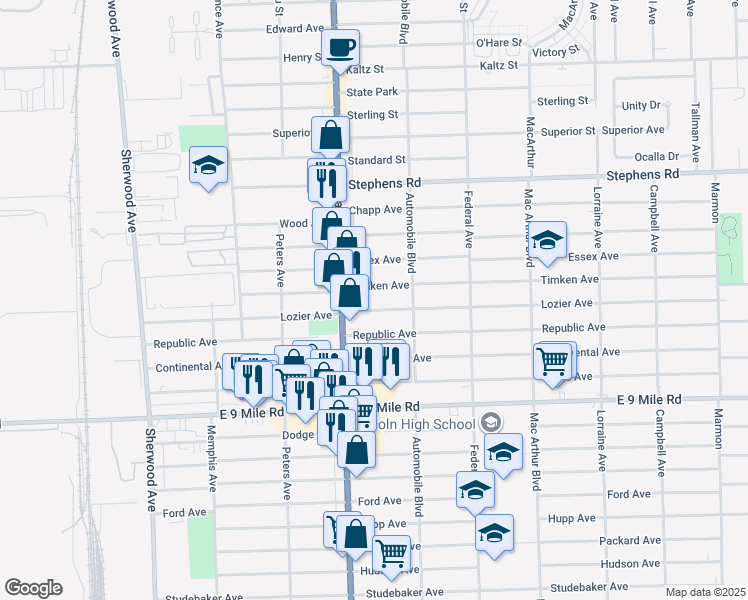 map of restaurants, bars, coffee shops, grocery stores, and more near 8087 Lozier Avenue in Warren