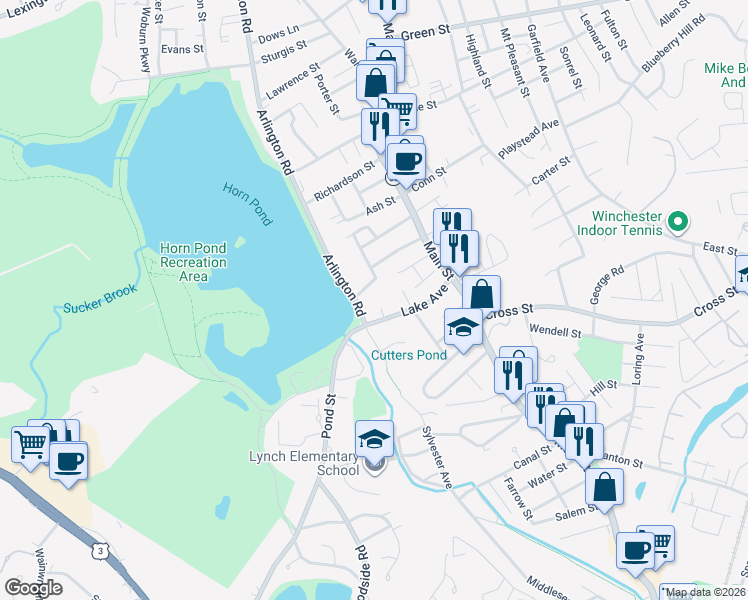 map of restaurants, bars, coffee shops, grocery stores, and more near 44 Buckman Street in Woburn