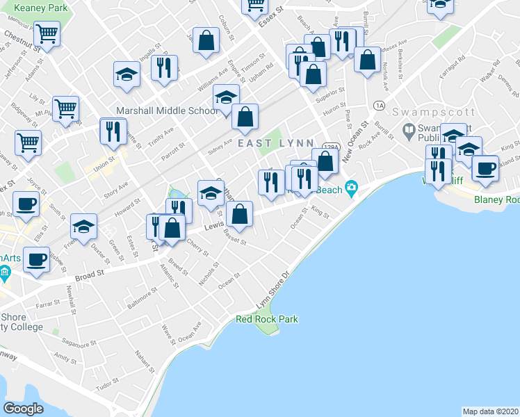 map of restaurants, bars, coffee shops, grocery stores, and more near 65 Lewis Street in Lynn