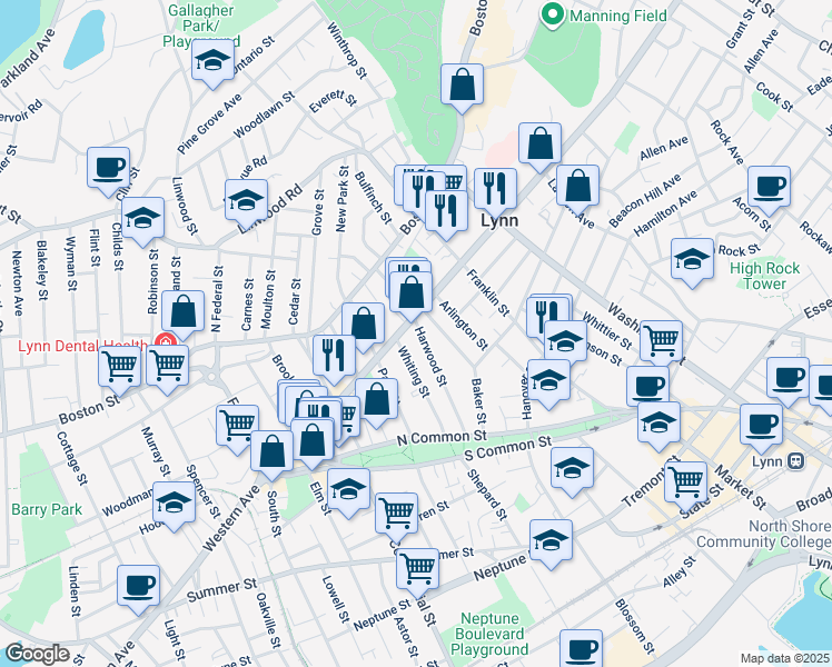map of restaurants, bars, coffee shops, grocery stores, and more near 82 Harwood Street in Lynn