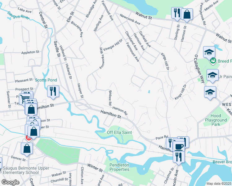 map of restaurants, bars, coffee shops, grocery stores, and more near 28 Hilltop Avenue in Saugus