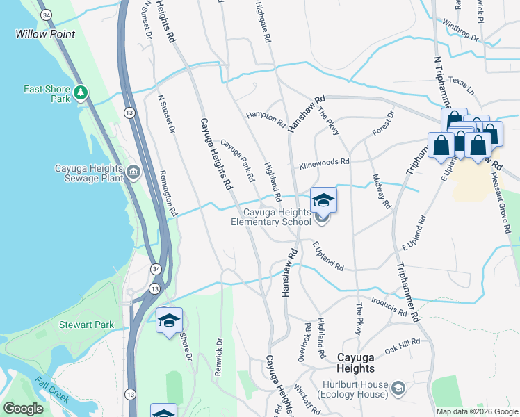 map of restaurants, bars, coffee shops, grocery stores, and more near 109 Cayuga Park Cir in Ithaca