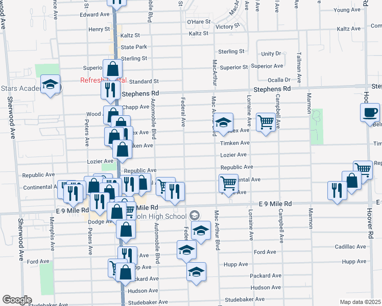 map of restaurants, bars, coffee shops, grocery stores, and more near 8419 Lozier Avenue in Warren