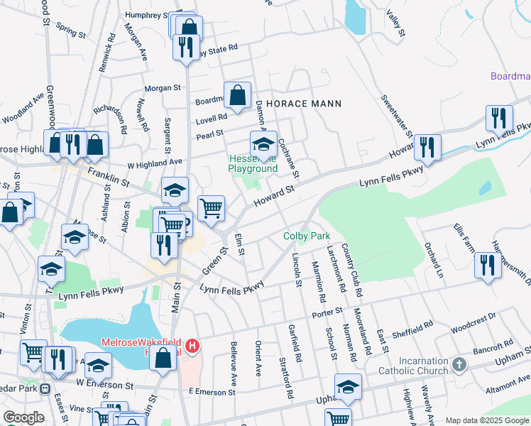 map of restaurants, bars, coffee shops, grocery stores, and more near 40 Clifford Street in Melrose