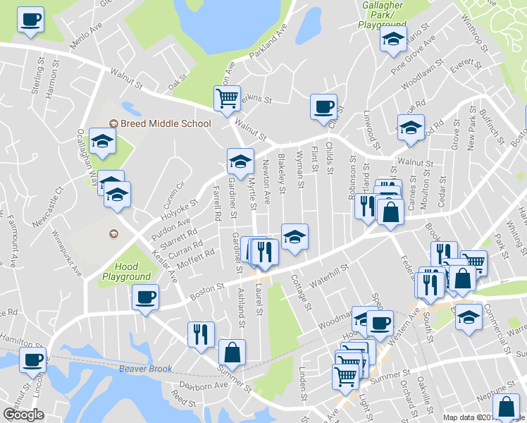 map of restaurants, bars, coffee shops, grocery stores, and more near 3 Woodbine Street in Lynn
